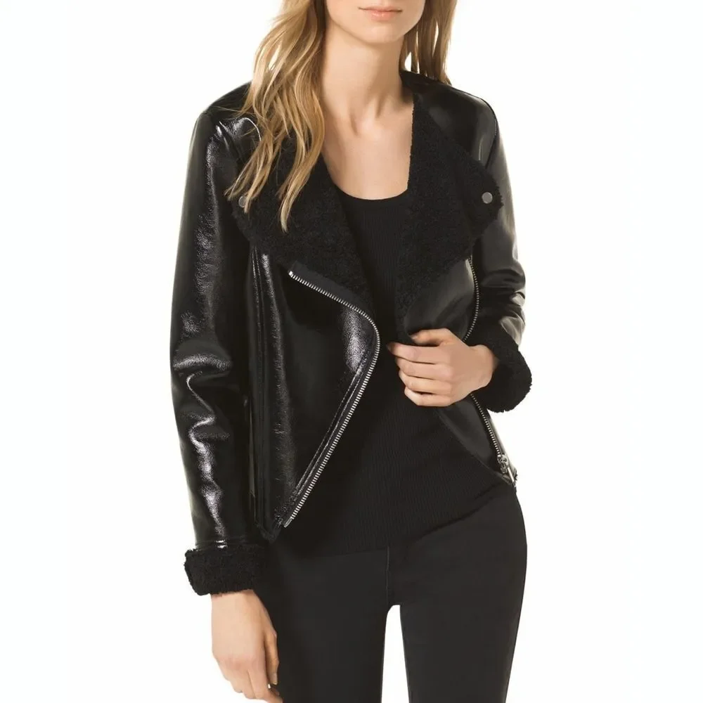 New! MICHAEL KORS Faux Leather Black Biker Jacket Size XS Faux Shearling Collar